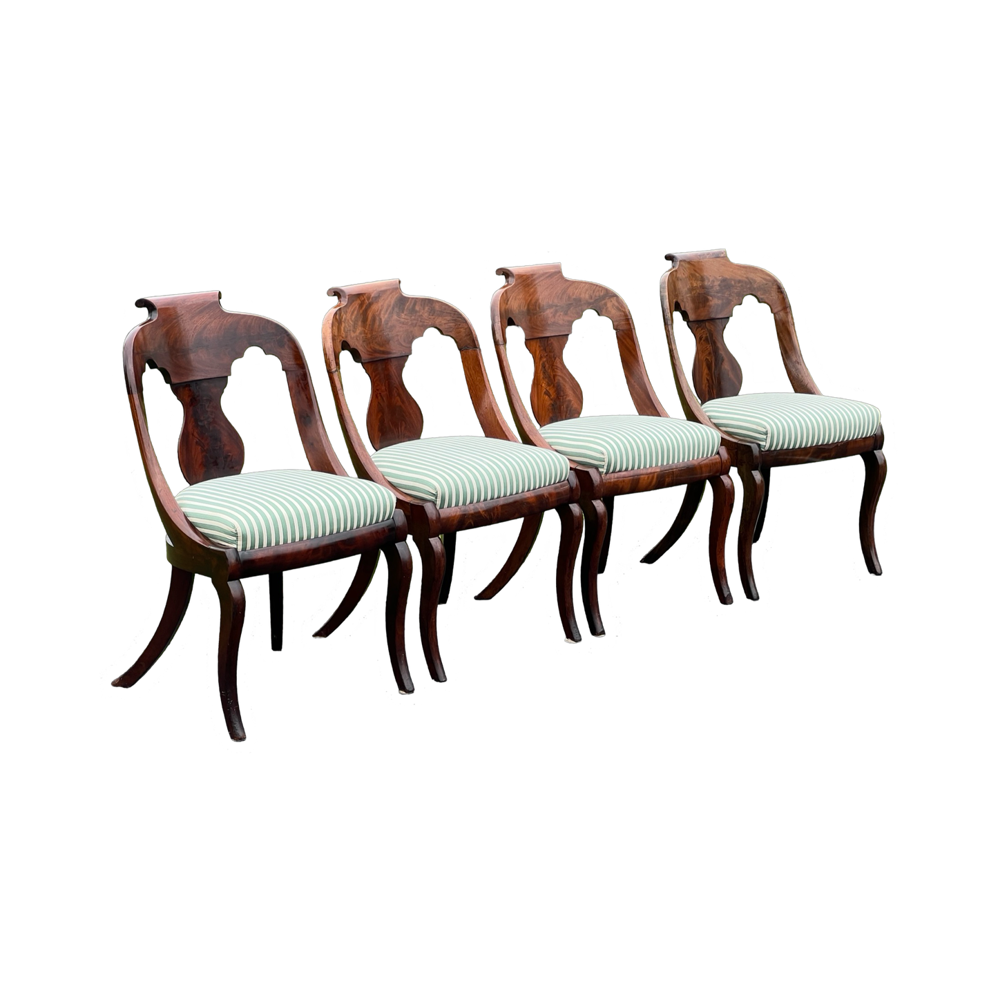 Antique Suite of Four Saber Leg Flame Mahogany Chairs c. 1830