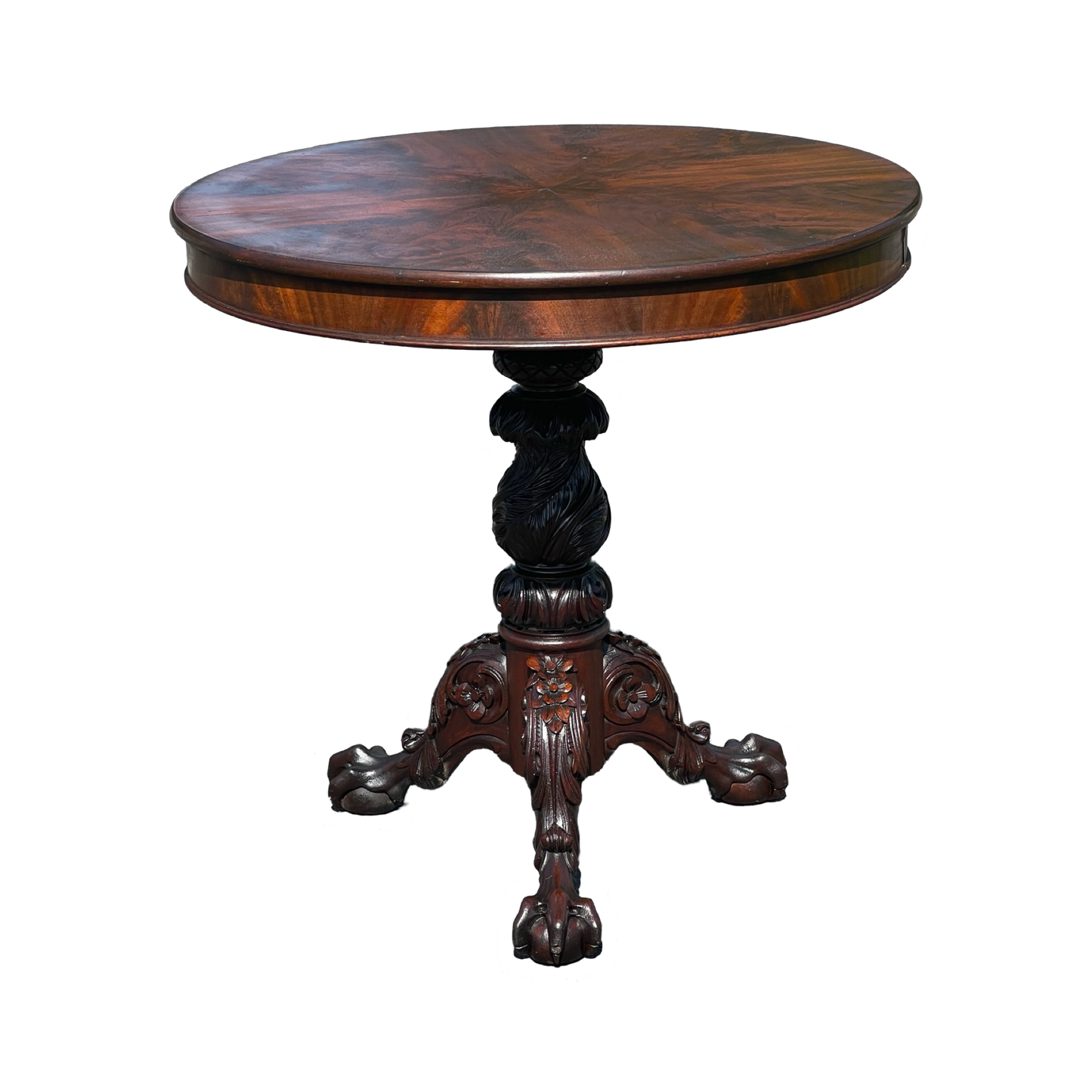 Antique Chippendale Flame Mahogany Tilt Top Table with Great Carved Pedestal