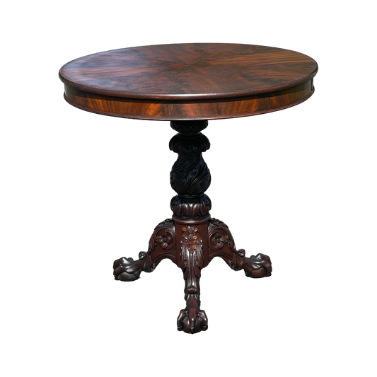 Antique Chippendale Flame Mahogany Tilt Top Table with Great Carved Pedestal