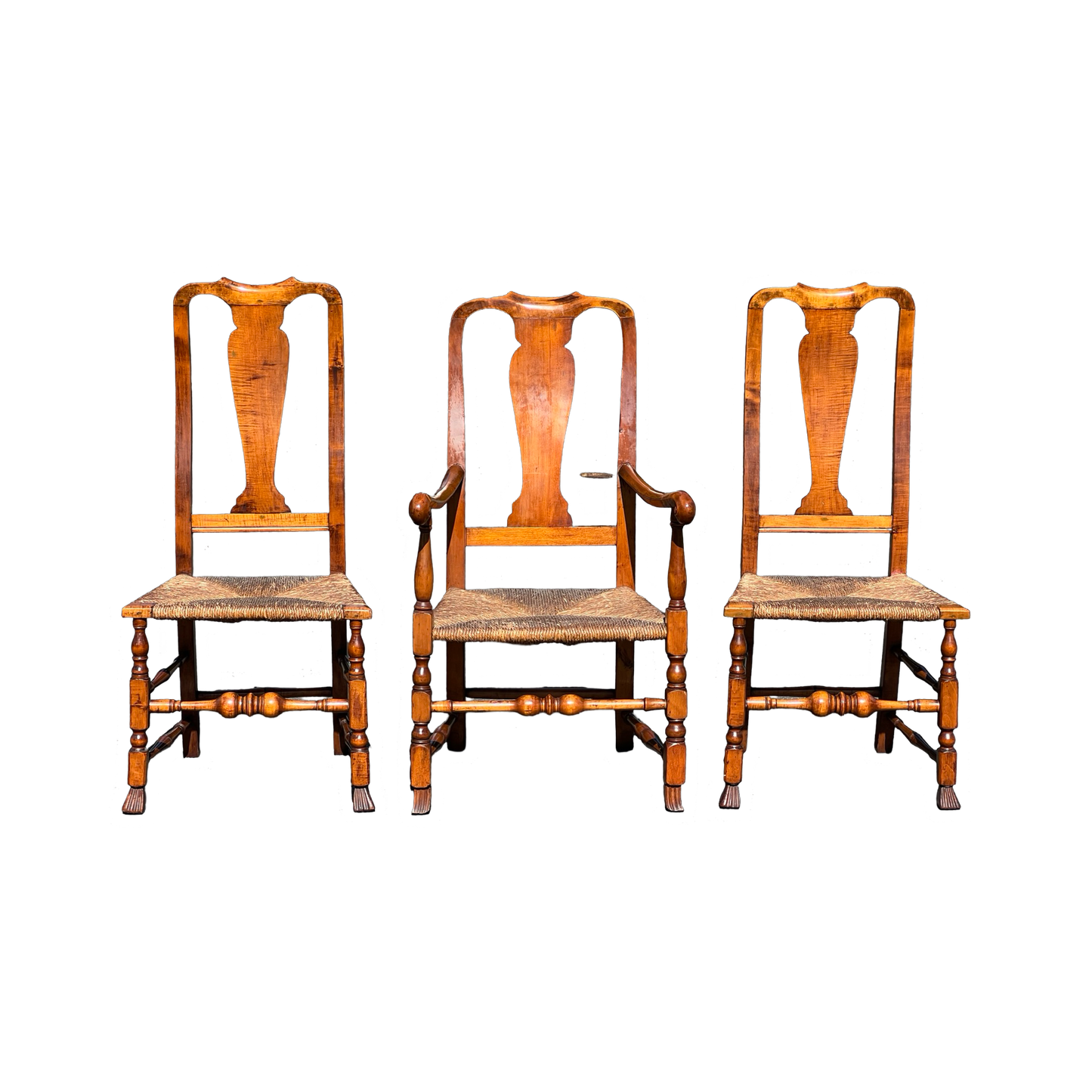 Set of Three Antique 19th Century Queen Anne Curly Maple Dining Chairs