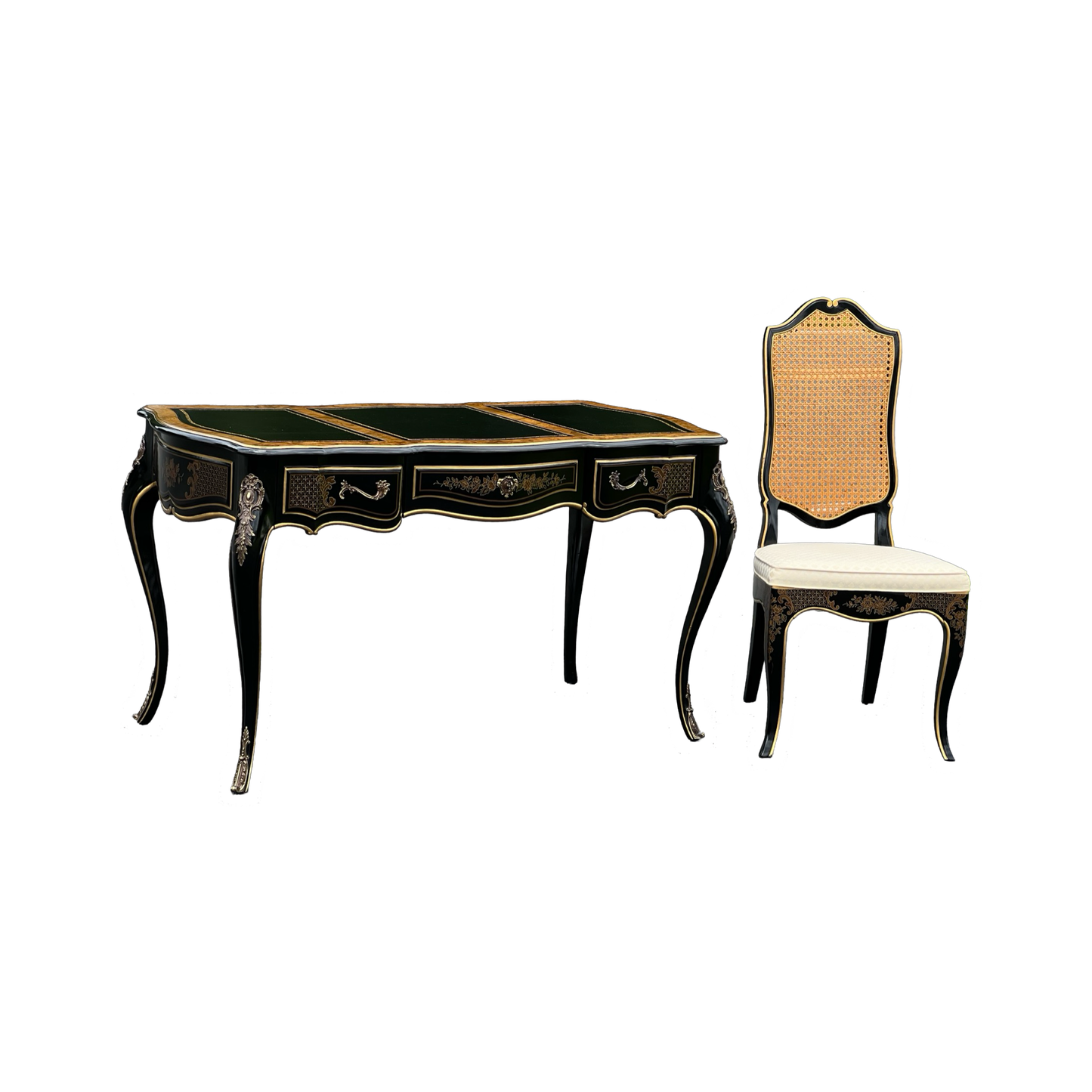 Vintage Louis XV French Style Black Lacquer Chinoiserie Writing Desk and Chair by Drexel Heritage