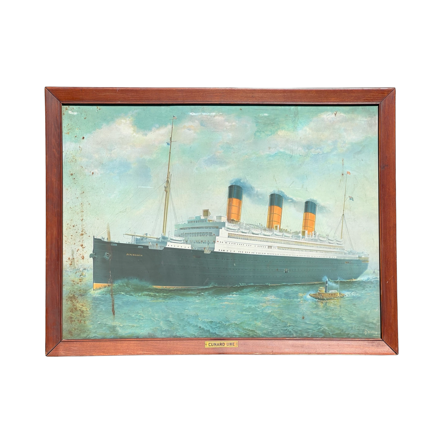 Antique Albert F. Bishop Lithograph on Tin “Berengaria, Cunard Line” c. 1924 in Original Frame